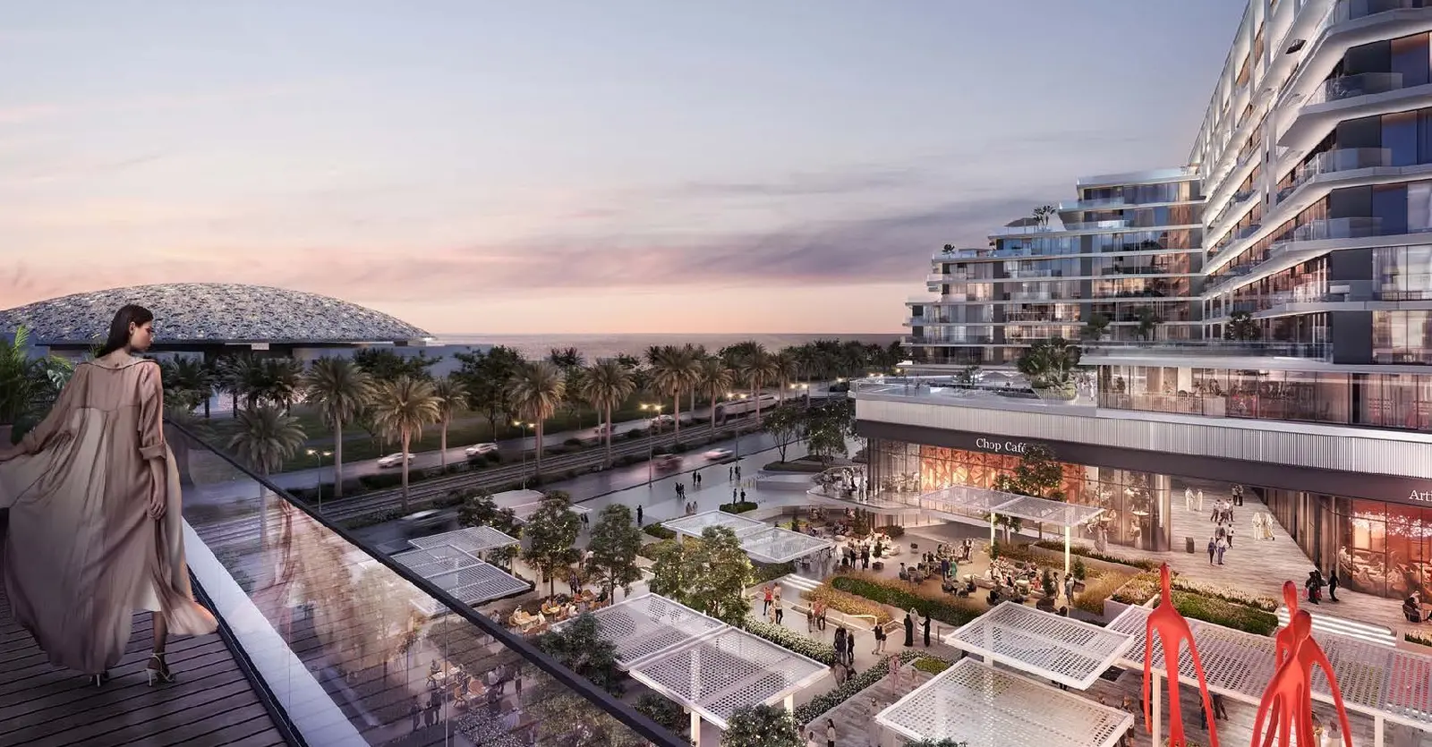 Aerial view of Grove Uptown Views complex surrounded by Saadiyat cultural district