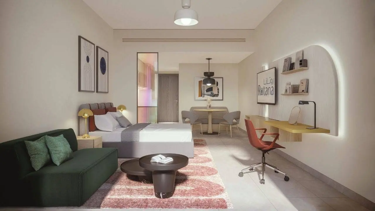Fully furnished bedroom interior at Bloom Arjaan by Rotana hotel apartments in Park View Saadiyat Island Abu Dhabi