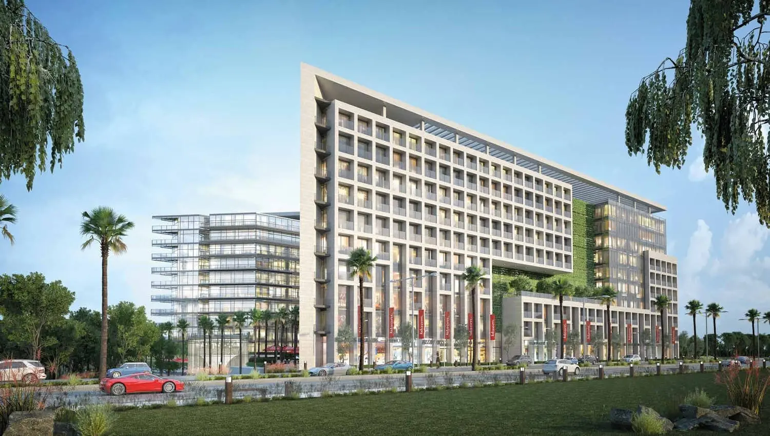 Connecting bridge with infinity pool between Park View towers offering panoramic views of Saadiyat Island.