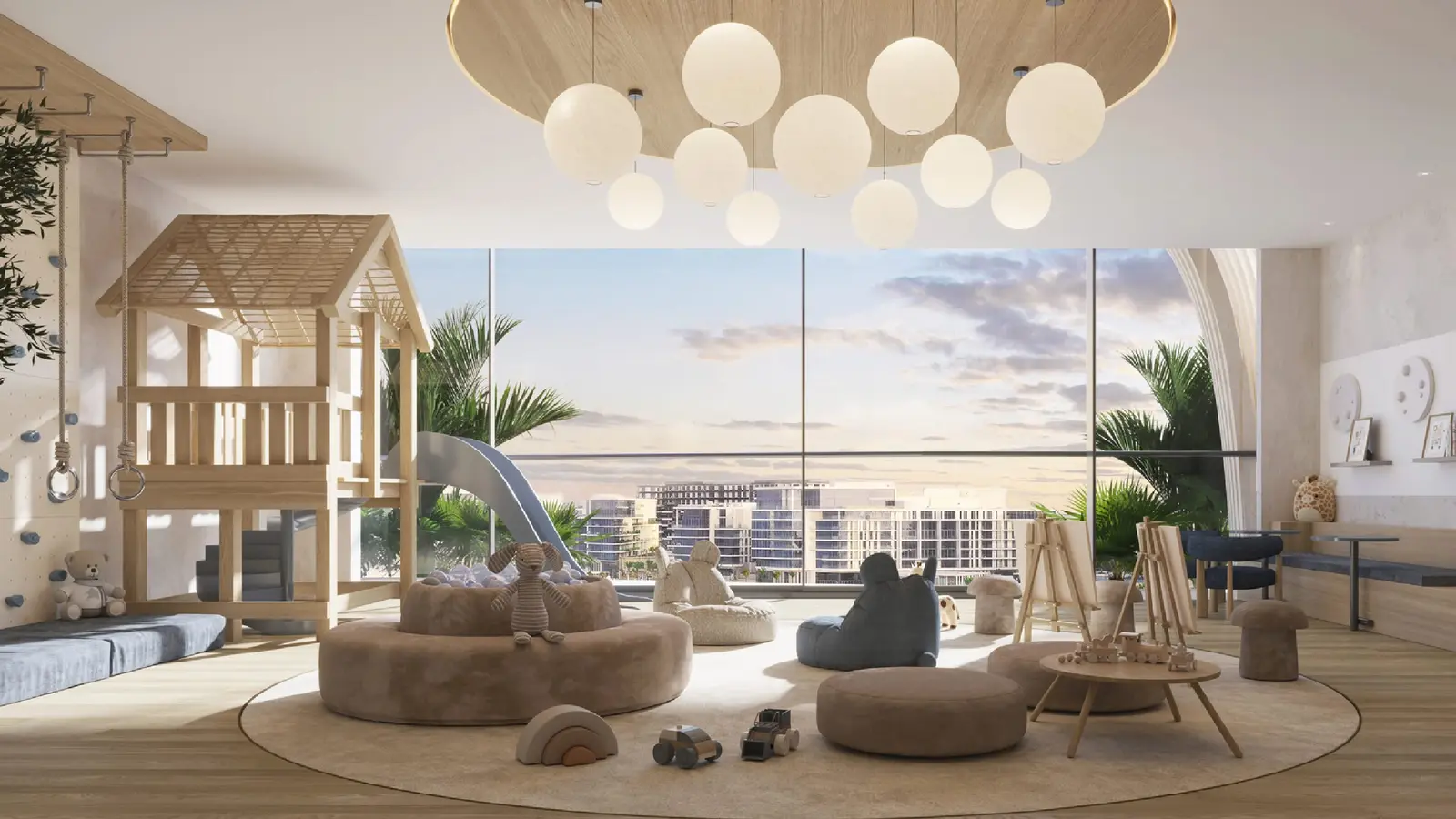 Open-plan living interior at Mamsha Palm Saadiyat Island blending comfort and contemporary design