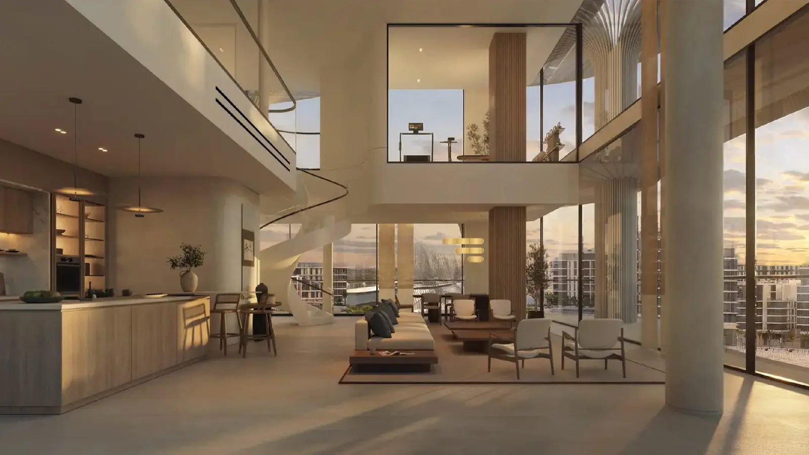Dining room interior at Mamsha Palm Saadiyat with panoramic glass walls overlooking the coastline