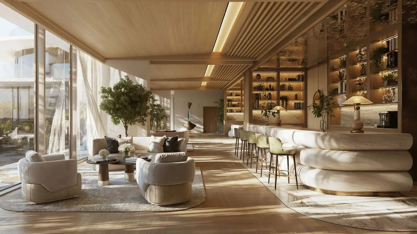 Elegant living room interiors at Mandarin Oriental Residences on Saadiyat Island, Abu Dhabi.
