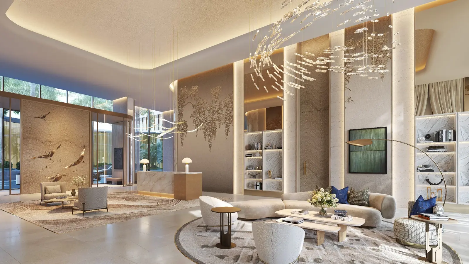 High-end residential interiors at Mandarin Oriental Residences with elegant natural materials.