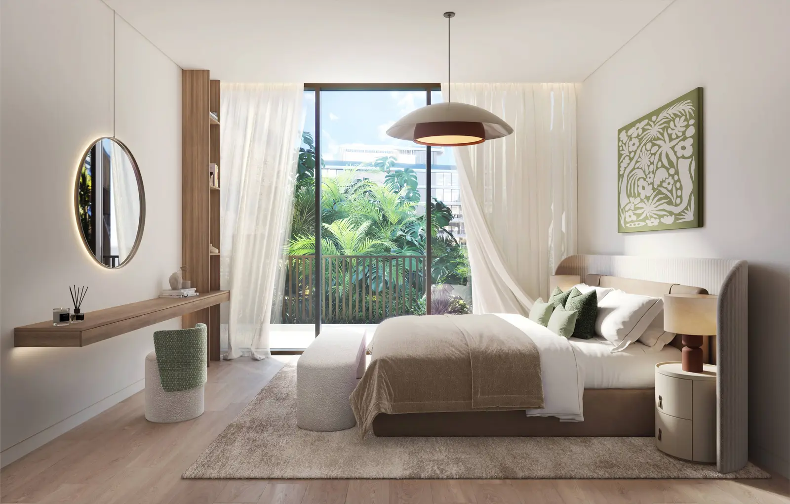 Elegant bedroom at Mamsha Gardens on Saadiyat Island, Abu Dhabi featuring premium finishes, contemporary interiors, and tranquil living spaces.