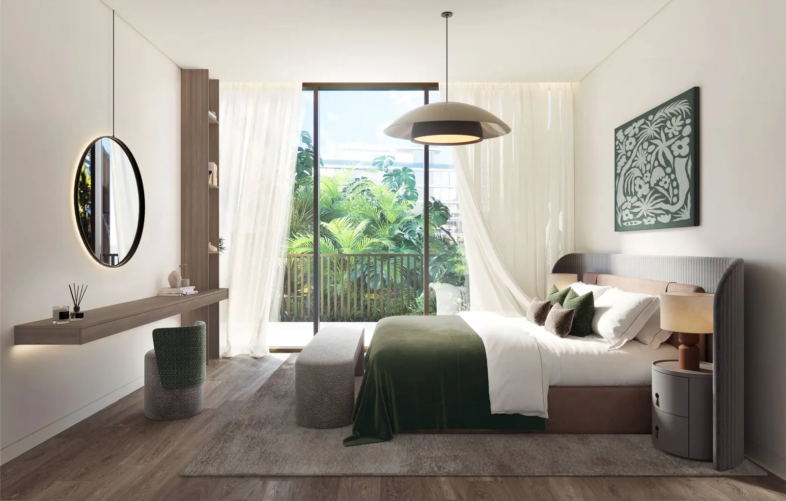 Modern bedroom interior at Mamsha Gardens on Saadiyat Island, Abu Dhabi showcasing stylish design, spacious layout, and luxury residential living.