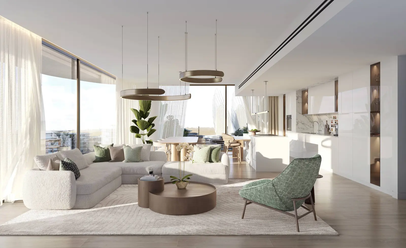 Luxury living room at Mamsha Gardens on Saadiyat Island, Abu Dhabi featuring contemporary interiors, premium finishes, and elegant open-plan design.