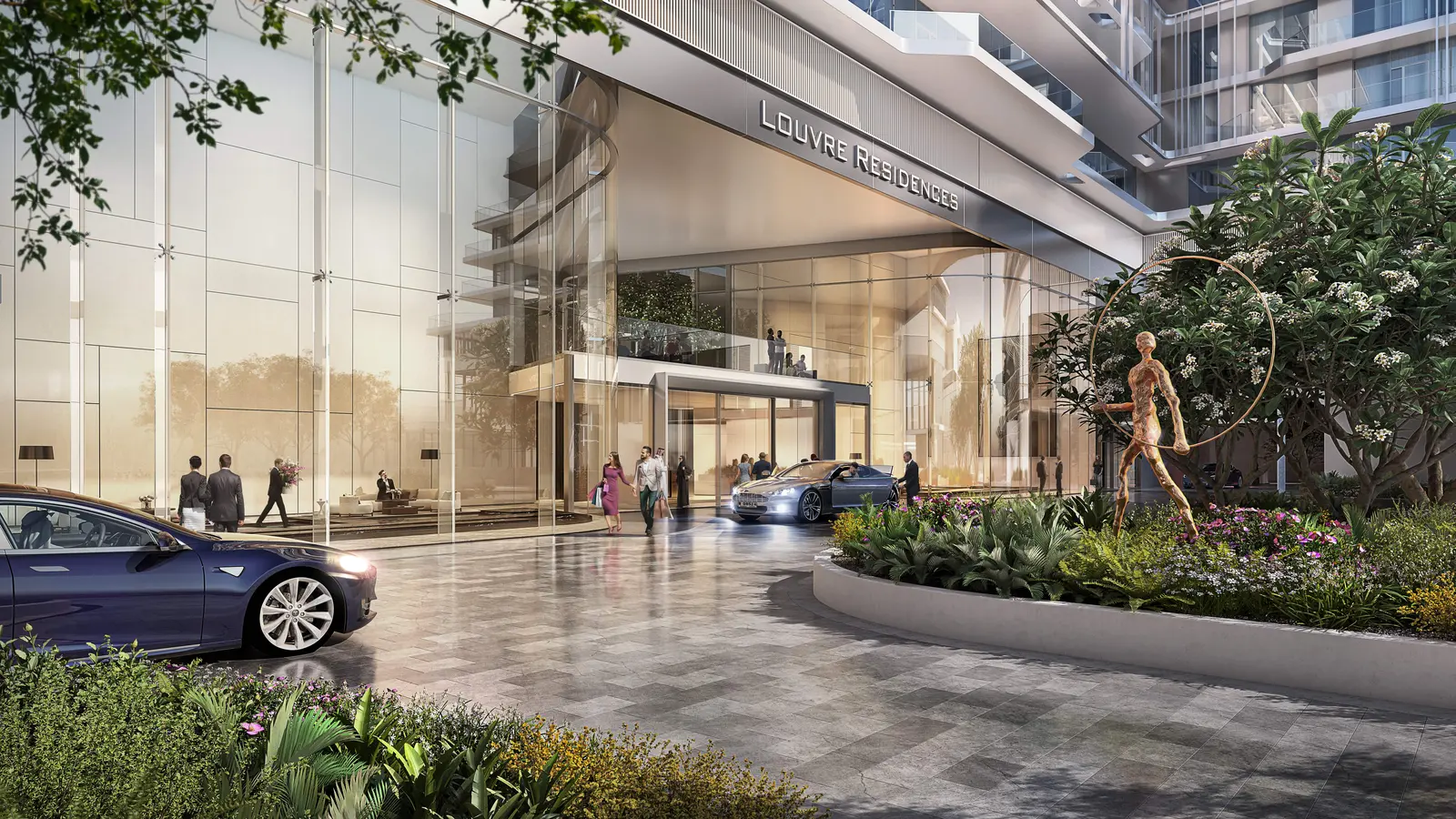 Sunlit daytime wide shot of Grove Gallery Views by Aldar capturing upscale residential estate landscaping and contemporary architecture.