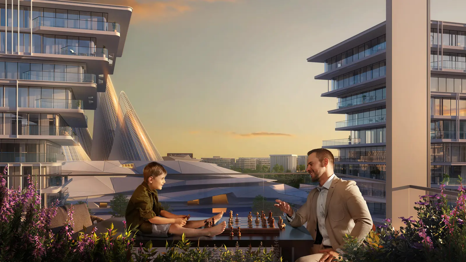 Sunlit daytime exterior shot of Grove Museum Views by Aldar Properties within Saadiyat Cultural District Abu Dhabi.