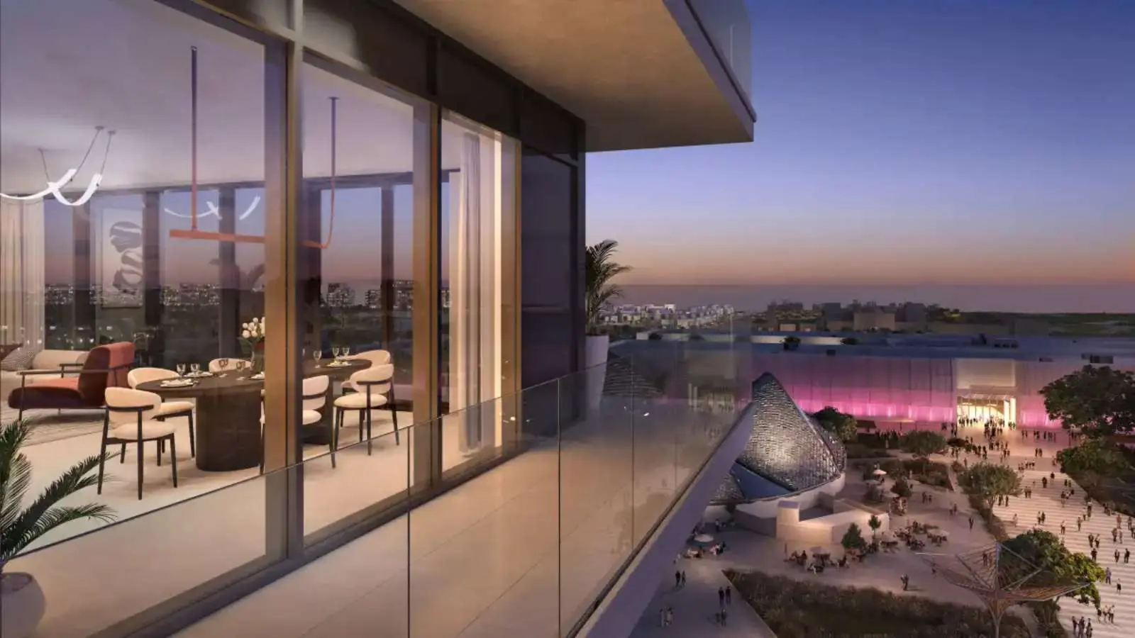 Elegant exterior architecture of Manarat Living on Saadiyat Island surrounded by landscaped public spaces and modern amenities.