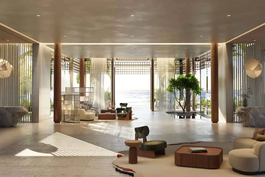 Interior view of a beachfront penthouse lounge at Nobu Residences by Aldar Properties in Saadiyat Cultural District, Abu Dhabi.